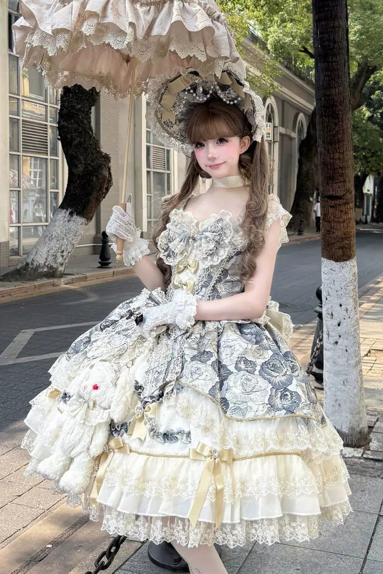 Ebony Square-Neck Printed Embroidered Bow Lace Sweet JSK - Gilded Waltz