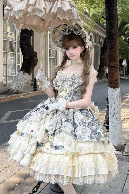 Ebony Square-Neck Printed Embroidered Bow Lace Sweet JSK - Gilded Waltz