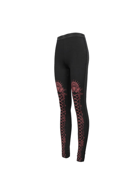 Crimson & Charcoal Printed Tie-Strap Adjustable Goth Leggings