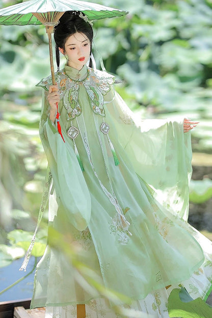 Emerald Ming Dynasty Round Collar Long Sleeve Print Embroidery Sweet Hanfu Outfit