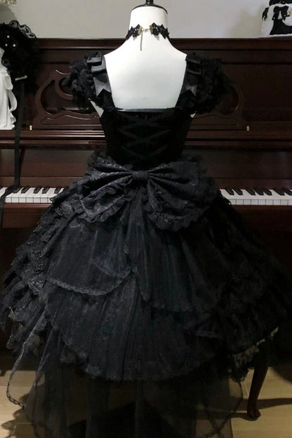 Pearl-Decorated Gothic JSK Dress with Square Collar and Bow in Black