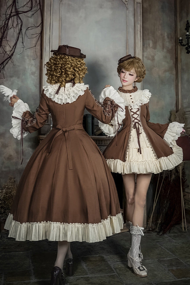 Nutcracker Stand Collar Trumpet Sleeve Lolita Dress Set with Bow - Lace-Up