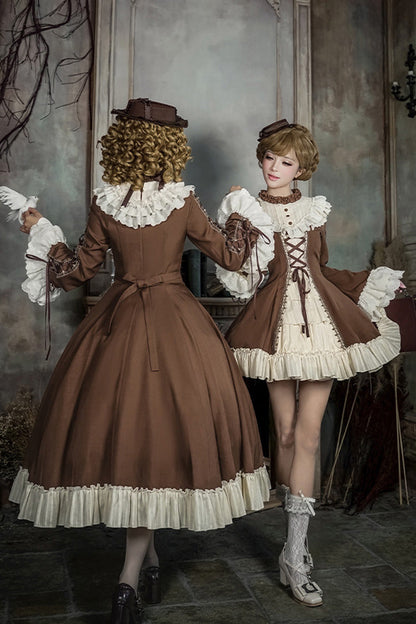 Nutcracker Stand Collar Trumpet Sleeve Lolita Dress Set with Bow - Lace-Up
