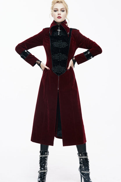 Crimson Retro High-Neck Gothic Jacket with Stand Collar