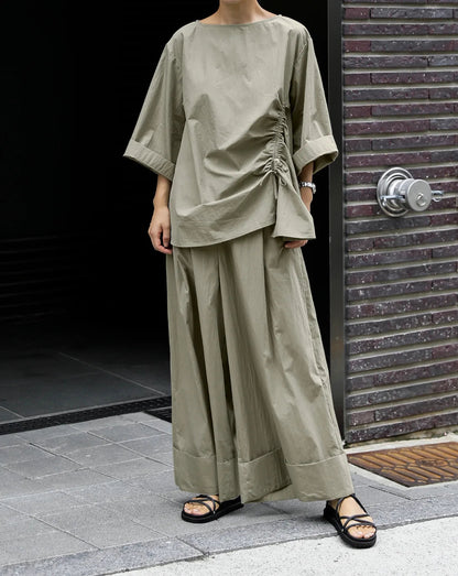 Casual Cotton Top Drawstring Sleeve Khaki Half Asymmetrical