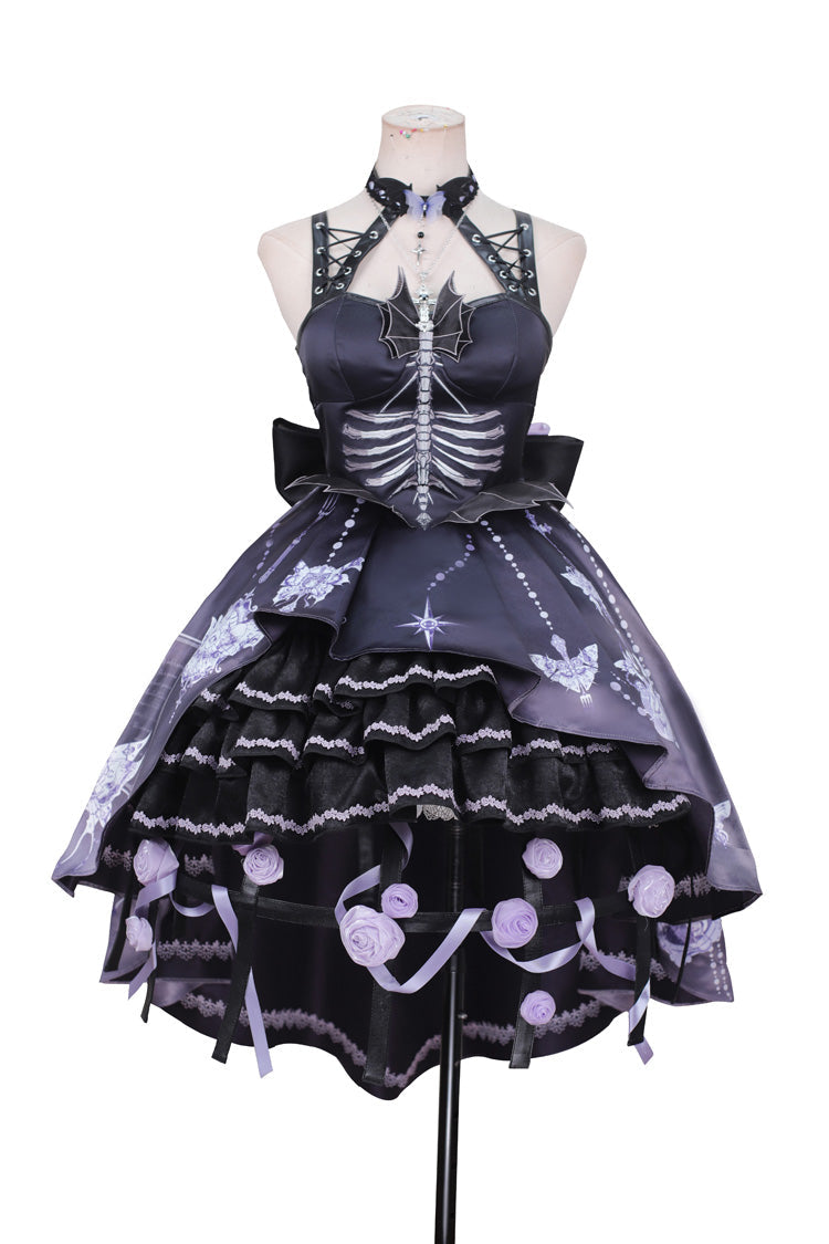 Elegant Gothic JSK Dress with Halterneck and Multi-Layered Ruffle Print in Black