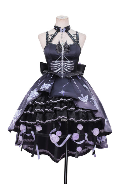 Elegant Gothic JSK Dress with Halterneck and Multi-Layered Ruffle Print in Black