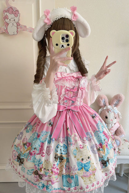 Blush Bear Print Ruffle Bow Lace Princess JSK - Floral Whisper