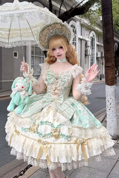 Emerald Gilded Waltz Square-Collar Sleeveless Embroidered Bow Gorgeous JSK