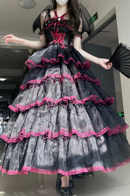 Crimson & Obsidian Short Sleeves Multi-Layered Ruffle Hanayome Bowknot Lace Plus Size Sweet Lolita Dress