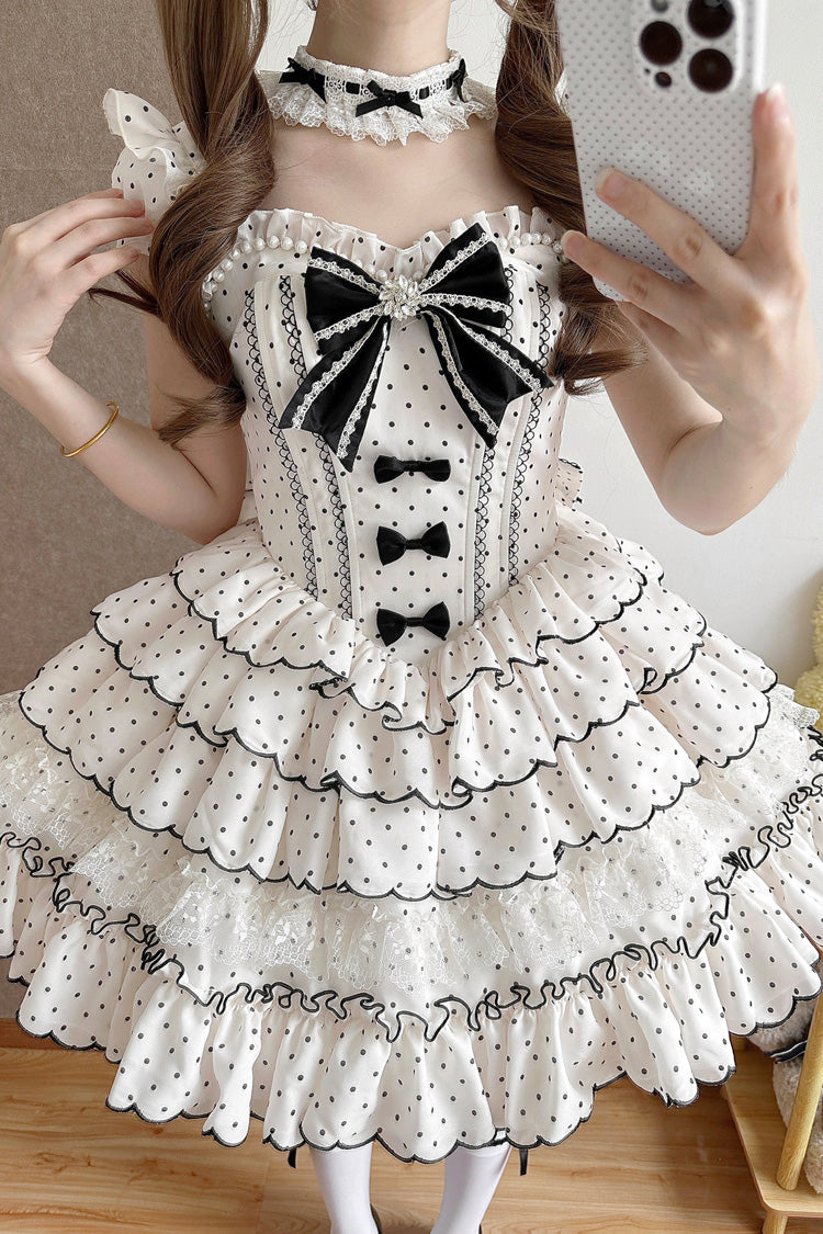 Sweet Princess Lolita JSK Gown with Polka Dots, Ruffles & Sleeveless Bow