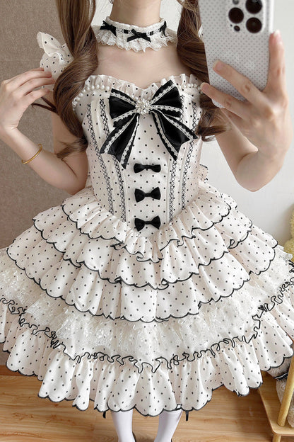 Sweet Princess Lolita JSK Gown with Polka Dots, Ruffles & Sleeveless Bow