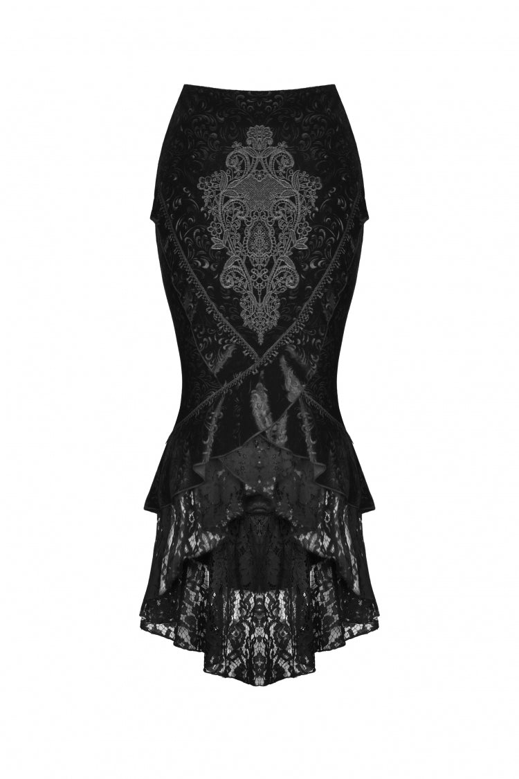 Women's Gothic Dovetail Wrap Skirt with Lace and Lace-Up in Black Jacquard