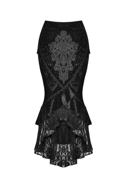 Women's Gothic Dovetail Wrap Skirt with Lace and Lace-Up in Black Jacquard