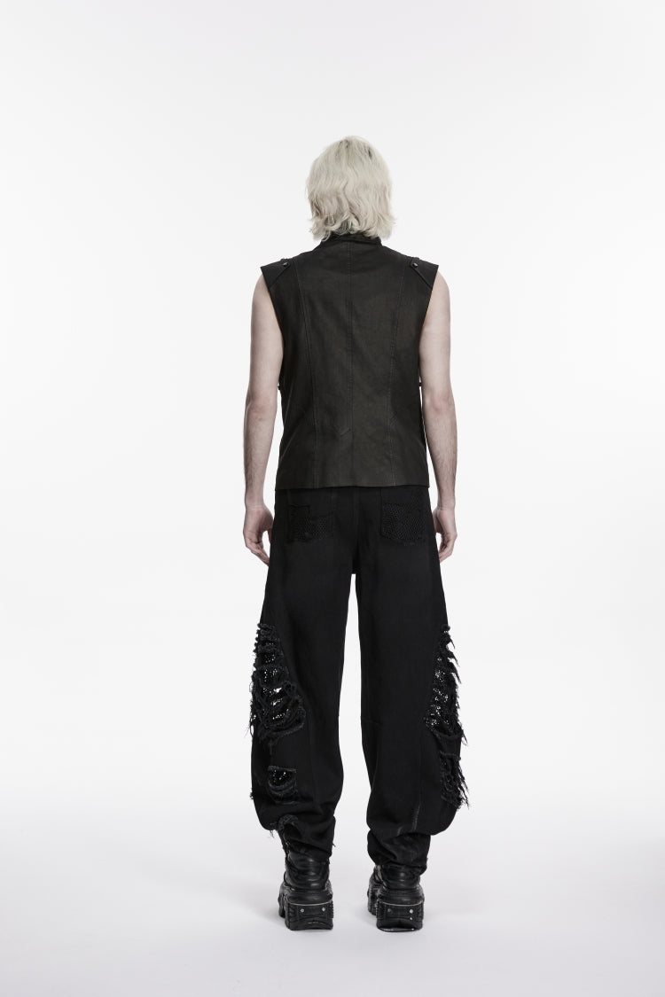 Cool Black Punk Vest for Men, Pleated with Studs and Zippers