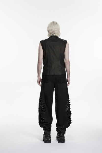 Cool Black Punk Vest for Men, Pleated with Studs and Zippers