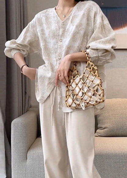 Neck Cotton Spring Apricot Button Jacquard V Casual Shirts