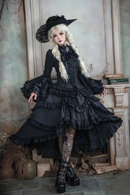 Ebony Flared Sleeve Tiered Lace-Up Bow Gothic JSK Ensemble - Immortal Phoenix