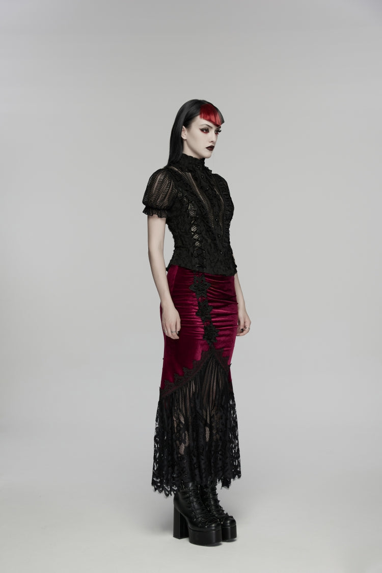 Ruffled Cut-Out Lace Gothic Blouse for Women