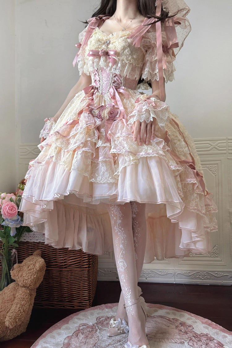 Blush Short Sleeves Jacquard Ruffled Cardigan Lace Dress