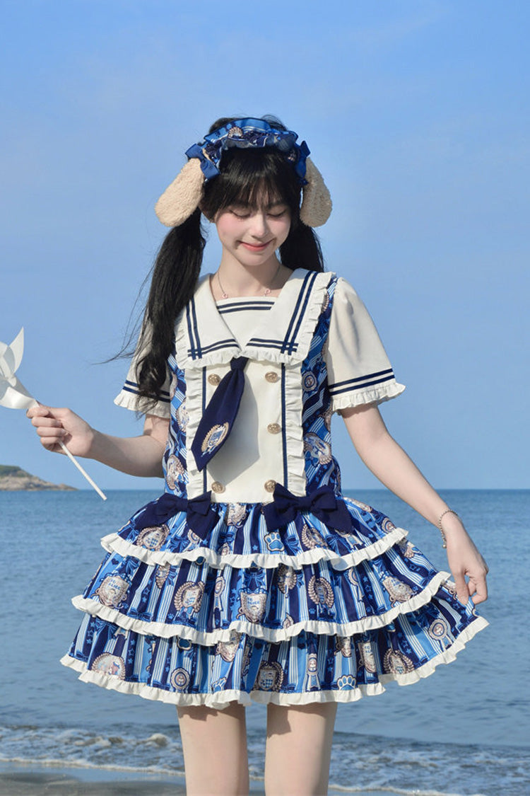 Glory of the Dog Navy Collar Low Waist Printed Ruffle Dress