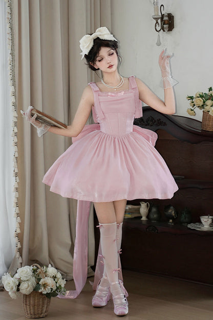 Blush Sleeveless Ruffle Bow Fishbone Sweet JSK - Foamy Sea