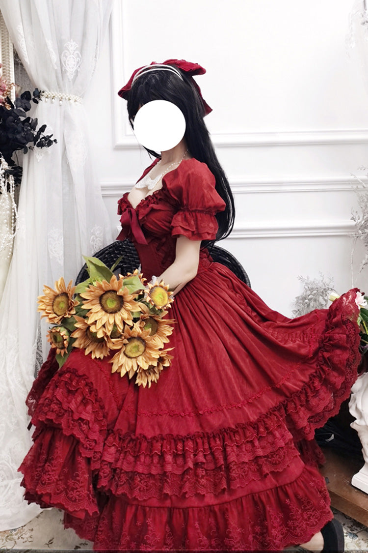 Crimson Vintage Lolita Dress with Puff Sleeves and Layered Ruffles