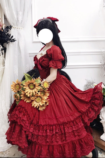 Crimson Vintage Lolita Dress with Puff Sleeves and Layered Ruffles
