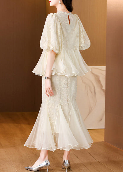 Embroidered Silk Chic And Fishtail Two Skirt Tops Beige Pieces