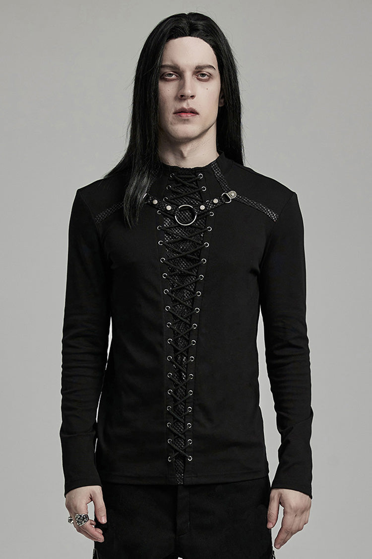 Ebony Long-Sleeve Lace-Up Ripped Men's Punk Blouse