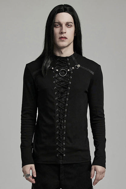 Ebony Long-Sleeve Lace-Up Ripped Men's Punk Blouse