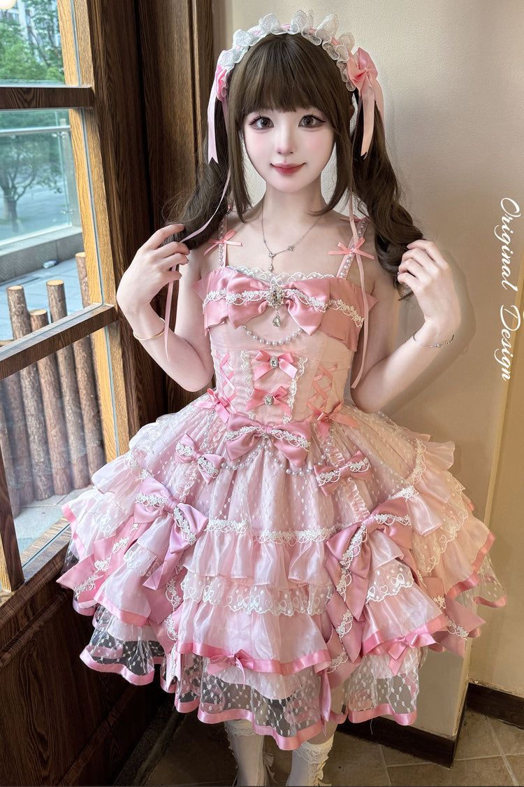 Blush Sleeveless Triple-Tier Ruffle Bow Lace Ballerina JSK - Gem Love