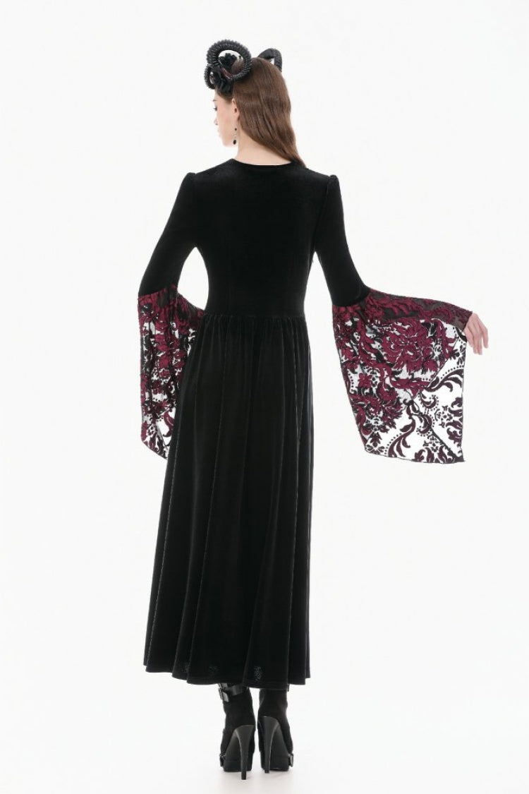Crimson & Obsidian Square Collar Long Flare Puff Sleeves Lace Victorian Velvet Long Dress