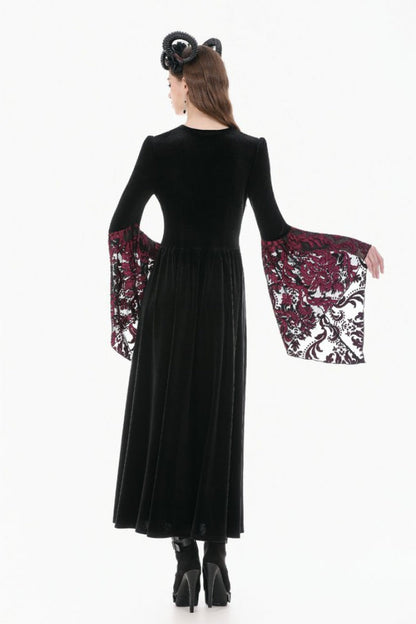 Crimson & Obsidian Square Collar Long Flare Puff Sleeves Lace Victorian Velvet Long Dress