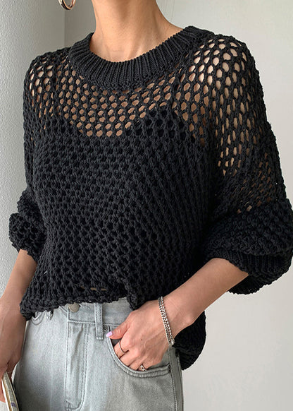 Spring Oversized Hollow Out Knit Style Sweaters Black