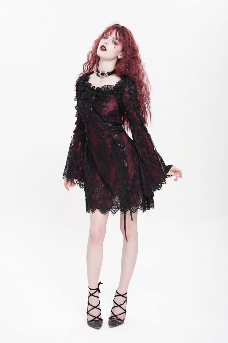 Crimson Square-Neck Gothic Dress with Floral Embroidery and Lace-Up