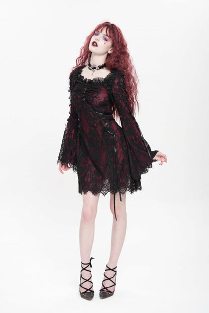 Crimson Square-Neck Gothic Dress with Floral Embroidery and Lace-Up