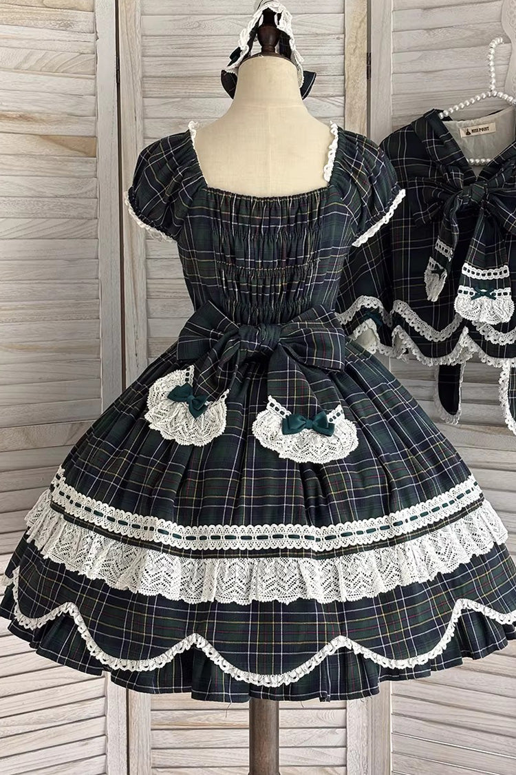 Emerald Gingham Petal Bunny Short-Sleeve Ruffled Bow OP Dress