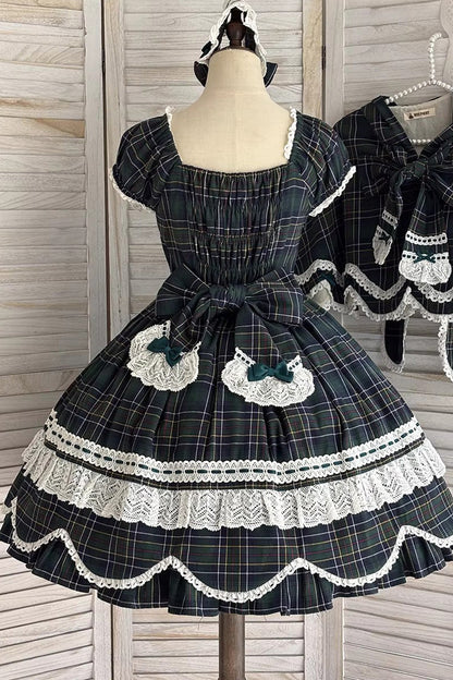 Emerald Gingham Petal Bunny Short-Sleeve Ruffled Bow OP Dress