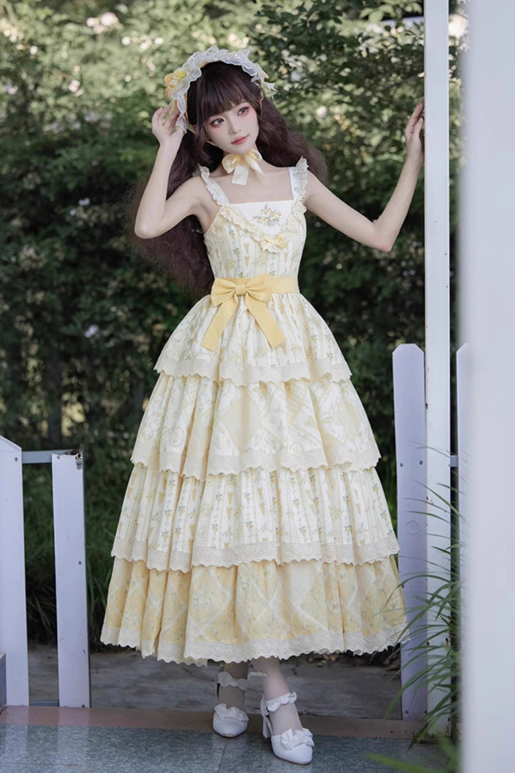 Multi-Layer Sunflower Print Ruffle Embroidery Chinese Sweet JSK