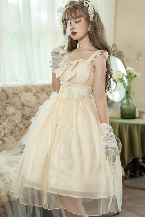 Sweet Lolita JSK Gown with Ruffled Straps, Bow & Sleeveless Design