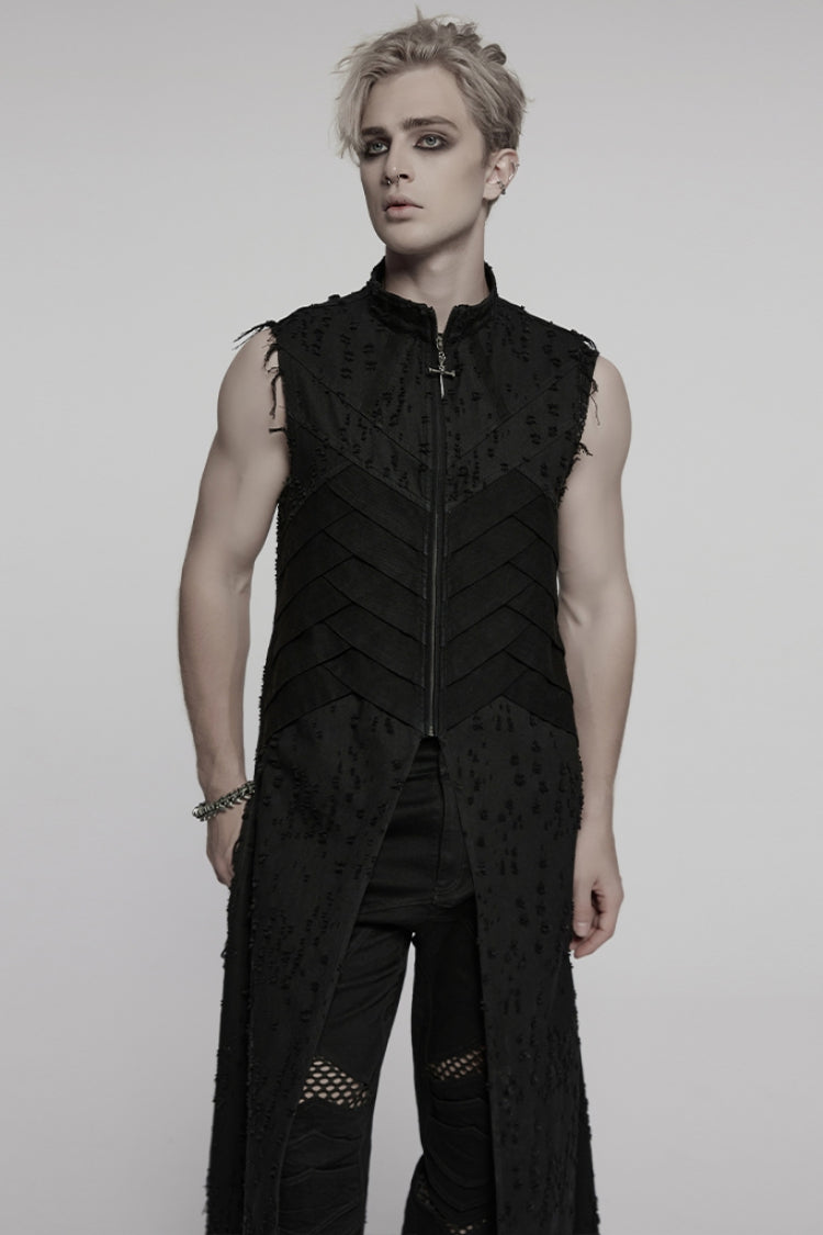 Distressed Cross Embroidery Gothic Long Vest for Men