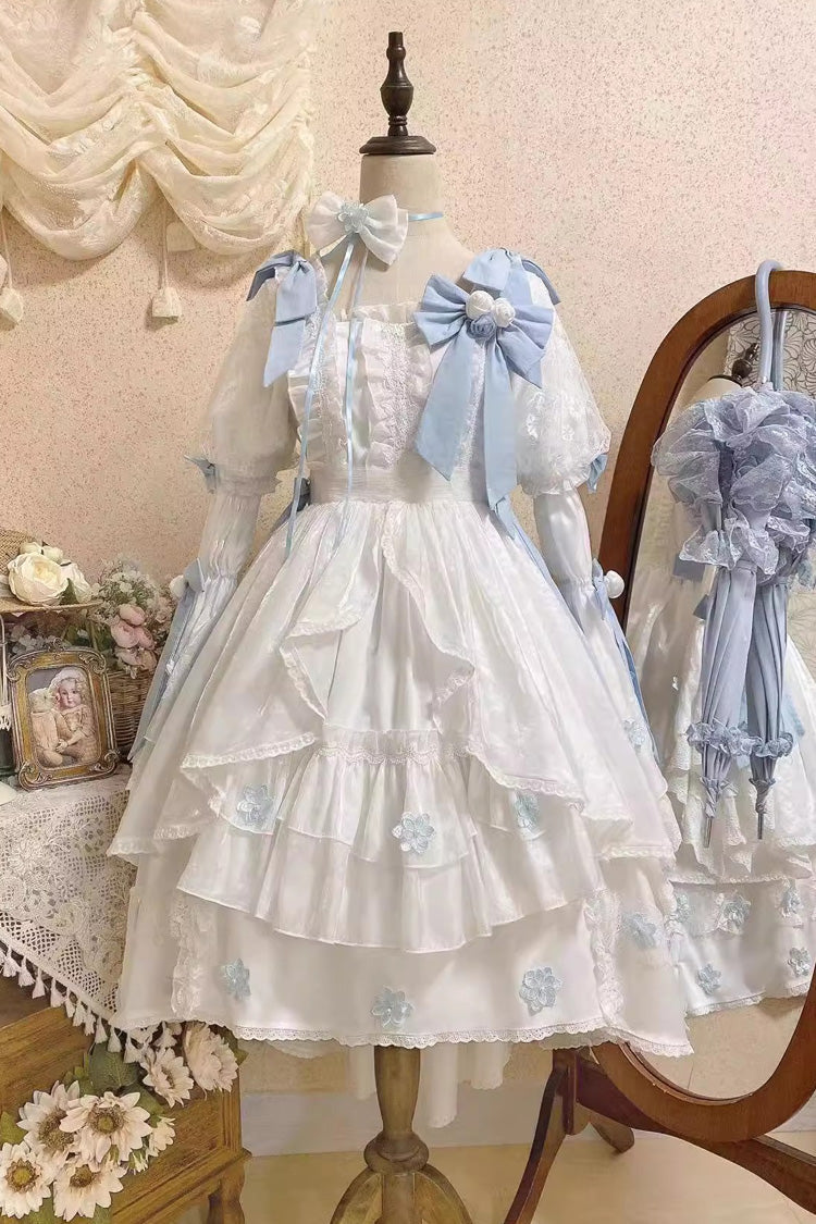 Ivory Boatneck Multi-Layer Ruffle Hanayome Bow Princess Lolita Strapless Dress