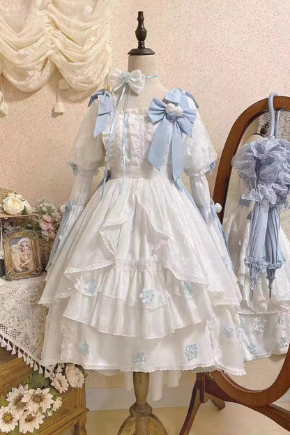 Ivory Boatneck Multi-Layer Ruffle Hanayome Bow Princess Lolita Strapless Dress