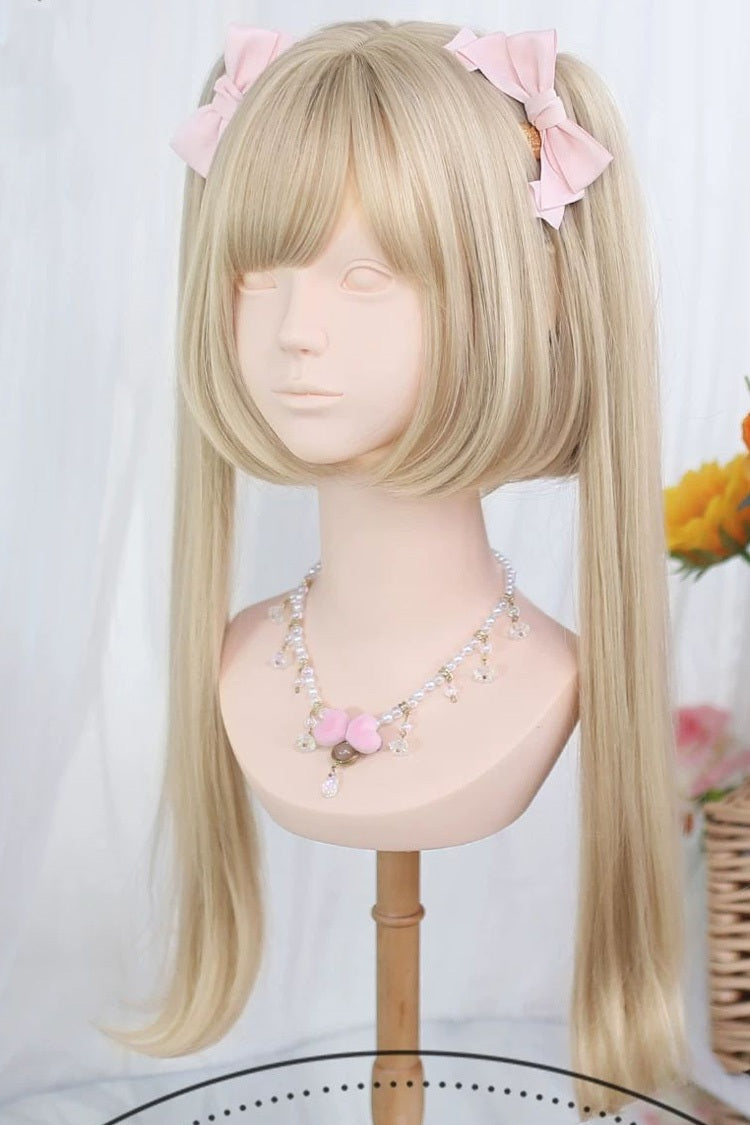 Gold Milk Tea Straight Twin Pigtails Lolita Wig Set