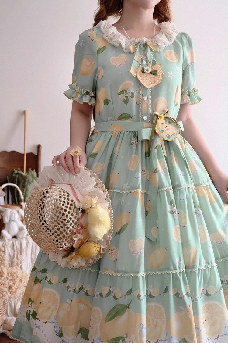 Emerald Lemon Chicken Short-Sleeve Ruffle Bow Daily Sweet Dress