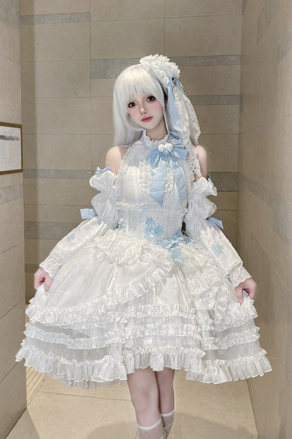 Ivory Detachable Flared Sleeves Triple Ruffles Bow Lace Lolita Dress
