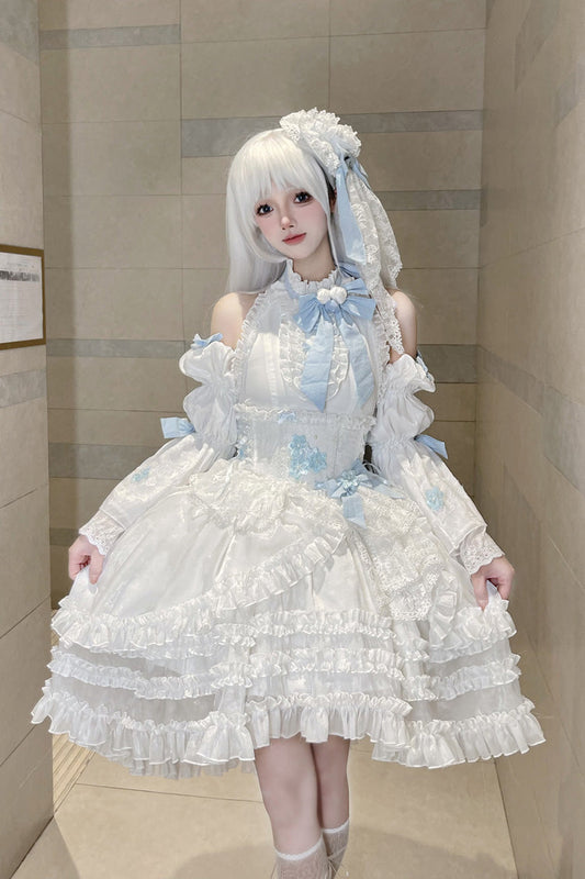 Ivory Detachable Flared Sleeves Triple Ruffles Bow Lace Lolita Dress