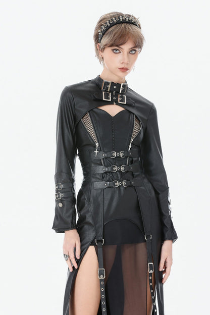 PU Leather Zippered Shrug with Buckled Straps