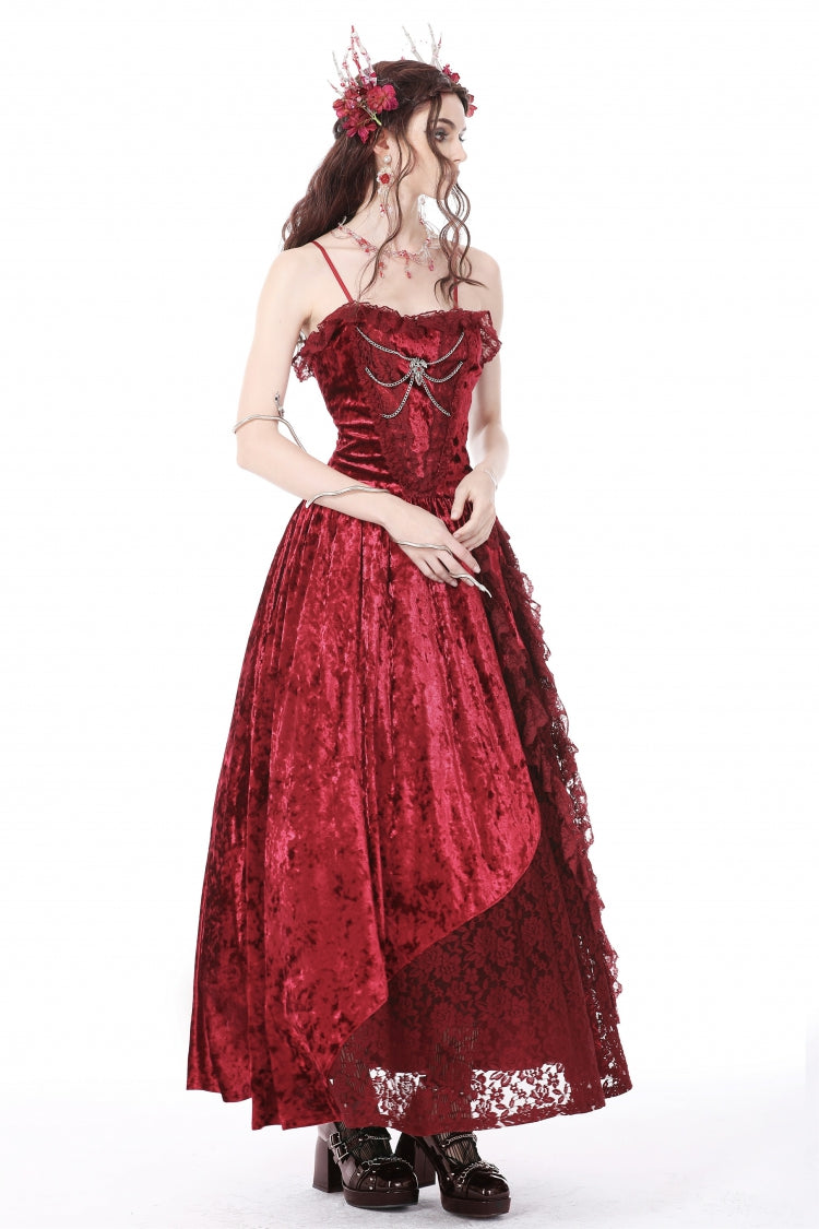Crimson Sleeveless Gothic Velvet Slip Maxi Dress with Lace and Chains